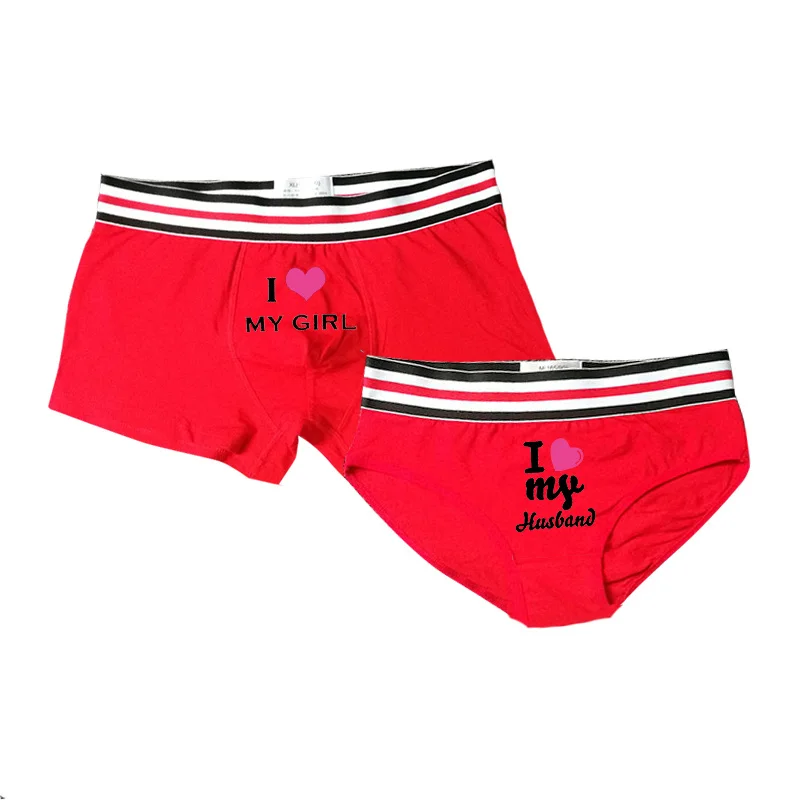 Comfortable Couple Lovers Underwear Cotton Men Boxer Shorts Women Briefs Romantic Printed Panty Red Color Underpants