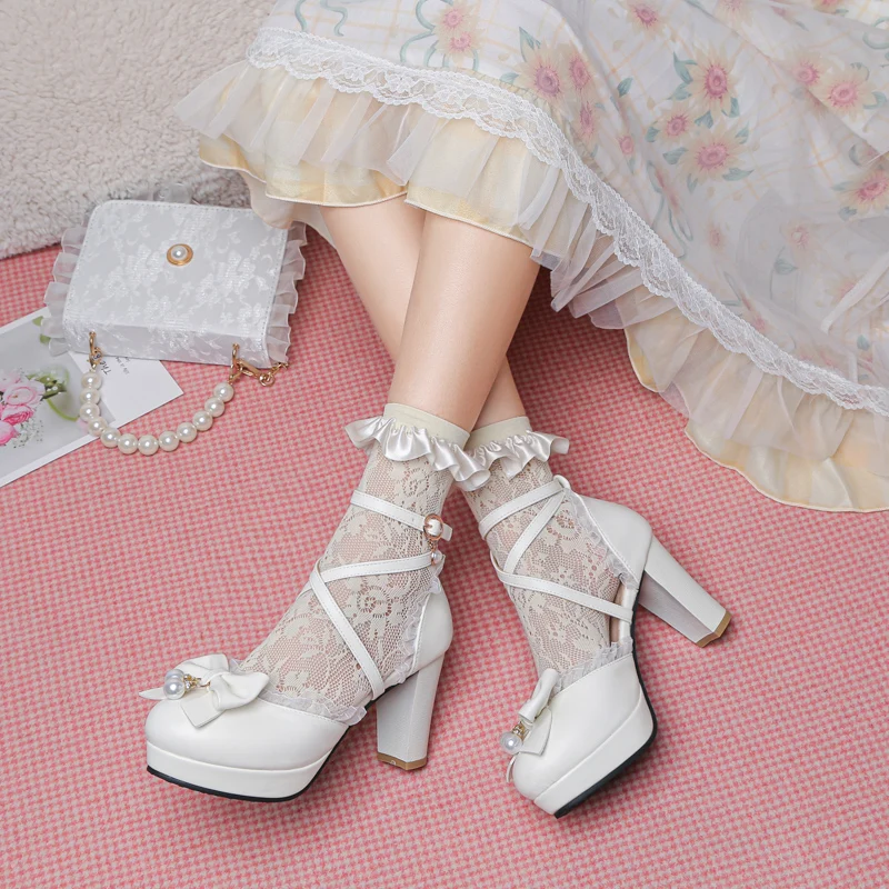 2022 Summer Ladies Sandals Platform Cute Bow Lace Princess Mary Jane Lolita Shoes Party High Heel Buckle Women Pumps Girls Sweet