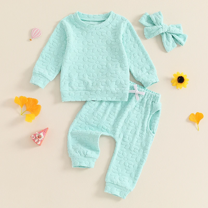 Toddler Girl Fall Outfit Daisy Embroidery Long Sleeve Sweatshirt with Elastic Waist Pants Headband 3 Pcs Set