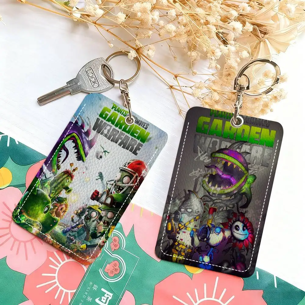 

Classic Game P-Plants Vs Z-Zombies Stylish Leather Card Holder Keychain Travel-Friendly Case for Essentials