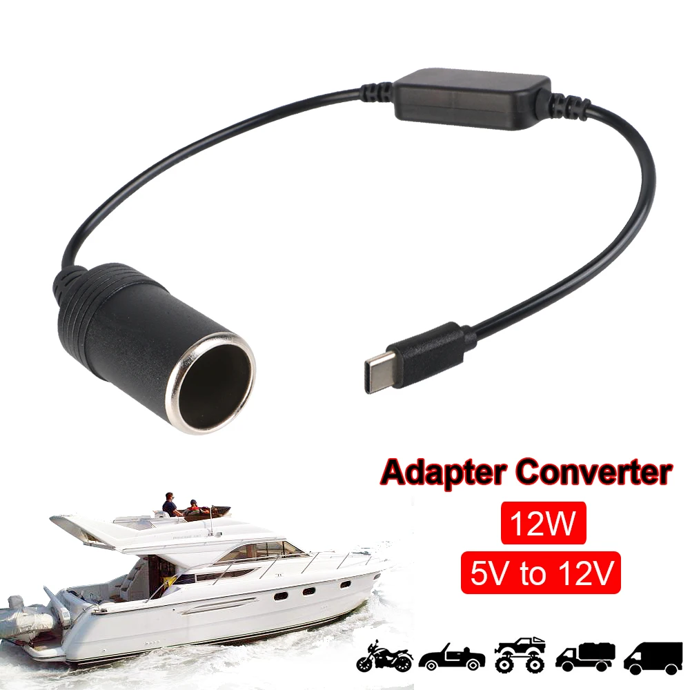 Boat Supplies Type-C Adapter 5V To 12V Cigarette Lighter Socket Converter Car Electronics 12W For HUD Dashcam Rear View Camera