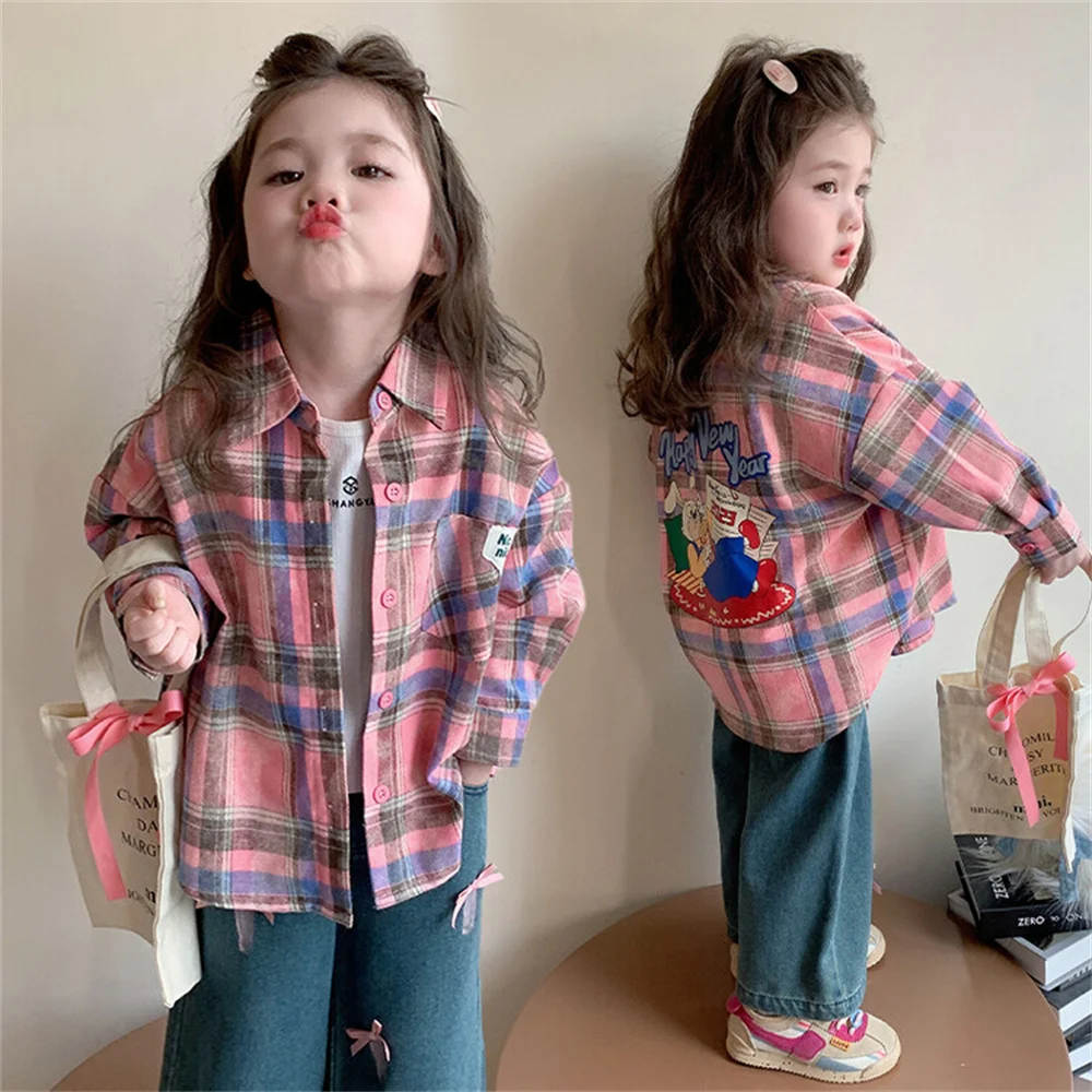 

L105 Rabbit Girl's Shirt Colorful Checkered Teddy Stripe Kid Shirt Fashion Baby Cartoon Long Sleeved Pure Cotton Girls' Shirt