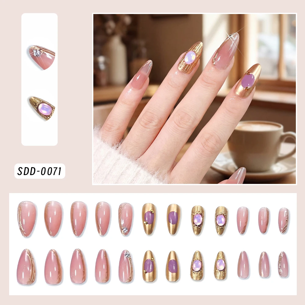 Faux ongles à pression en métal plaqué or, 24 pièces, strass scintillants, amande moyenne, lignes irrégulières brillantes 3D