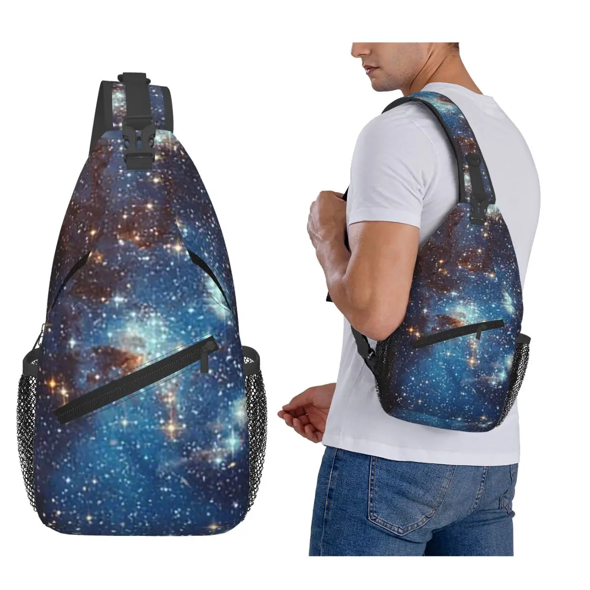 

Blue Nebula Stars Space Chest Bag Men Sling Crossbody Backpack Chest Bag Traveling Hiking Daypack Shoulder Bag