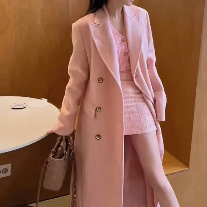 Pink high-end double-sided cashmere coat women's shoulder suit collar medium and long temperament trendy wool woolen coat