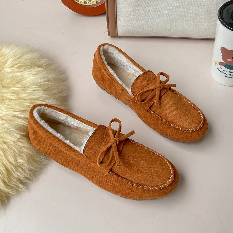 2024 Women's Moccasins Soft Flat Fluffy Footwear Winter Female Shoes Home Warm Plush Bow Slip on Vintage Fashion Comfort Shoes