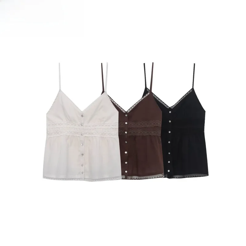 

ZBZR Spring New Women's Faion Lace Thin Gauze Strap V-ne Top Polyester Fiber Slim Fit Single Piece Pure Color Summer 2025