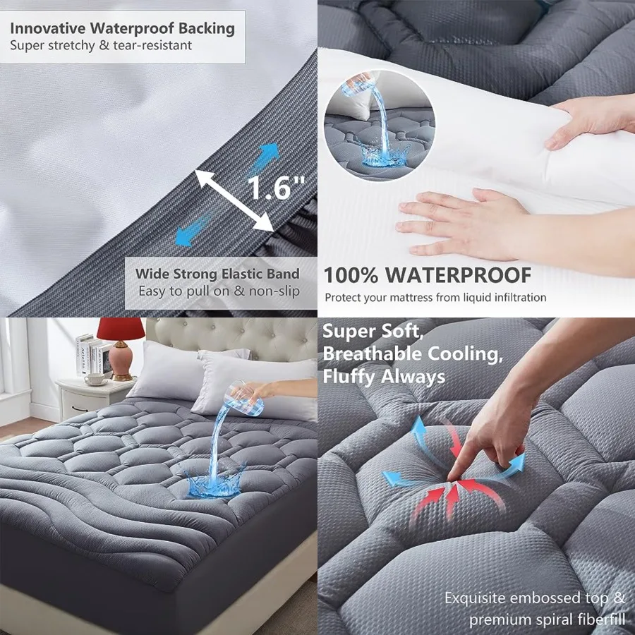 

King Size Mattress Pad Waterproof, Cooling Mattress Topper Noiseless, Leak Proof Mattress Protector Deep Pocket Washable, Quilted Fitted Soft King Mattress Pad Cover (78x80 inch, Grey)