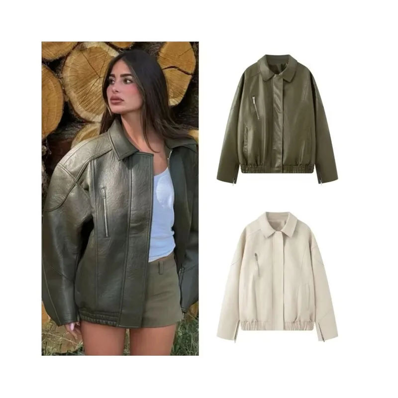 Veste en cuir avec fermeture éclair pour femme, manches longues, col à revers, taille élastique, manteaux courts, Chic, hauts féminins, automne
