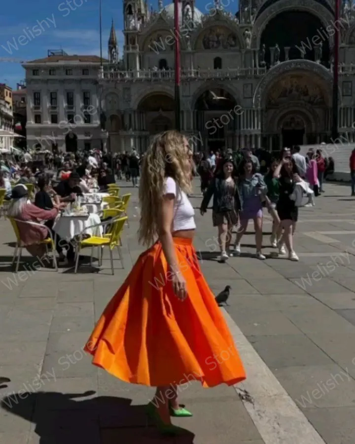 High Street Orange Knee Length Satin Skirts Fashion A-line Midi Skirt Female Saias Custom Made Elegant Satin Women Skirt