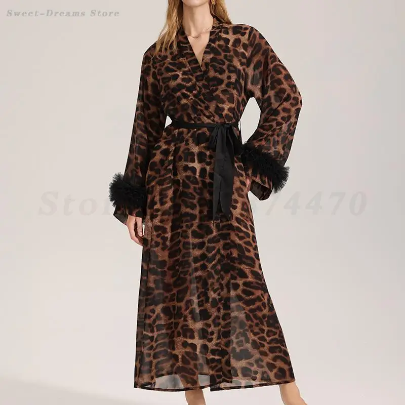 Oversize Leopard Print Robe Sleepwear Sexy Morning Gown Long Sleeves Kimono Bathrobe Female Home Dress Nightgown Loungewear