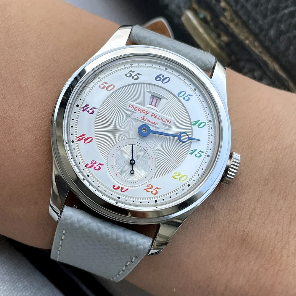 จุดสินค้าใหม่ Pierre Paulin กระโดดชั่วโมงนาฬิกาผู้ชาย Salmon Dial อัตโนมัติ St17 นาฬิกา Vintage Bonklip สร้อยข้อมือ