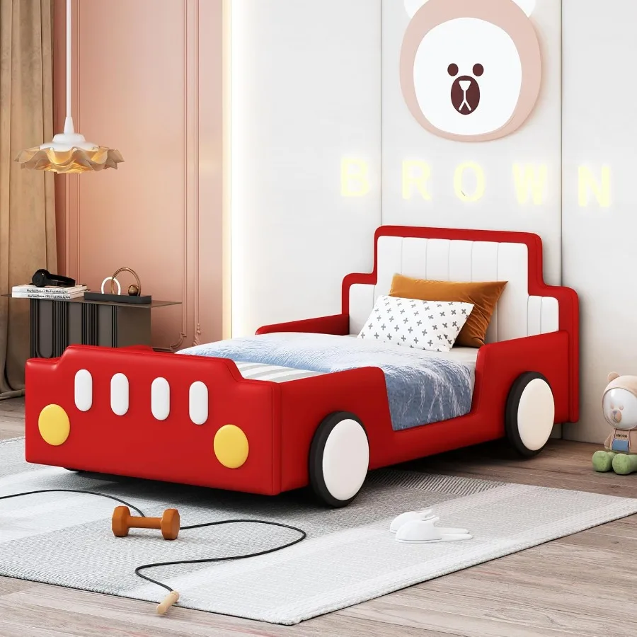 Twin Size Race Car-Shaped Platform Bed with Wheels for and Boys Girls Unique Floor Bed Design with PU Leather Headboard Safety