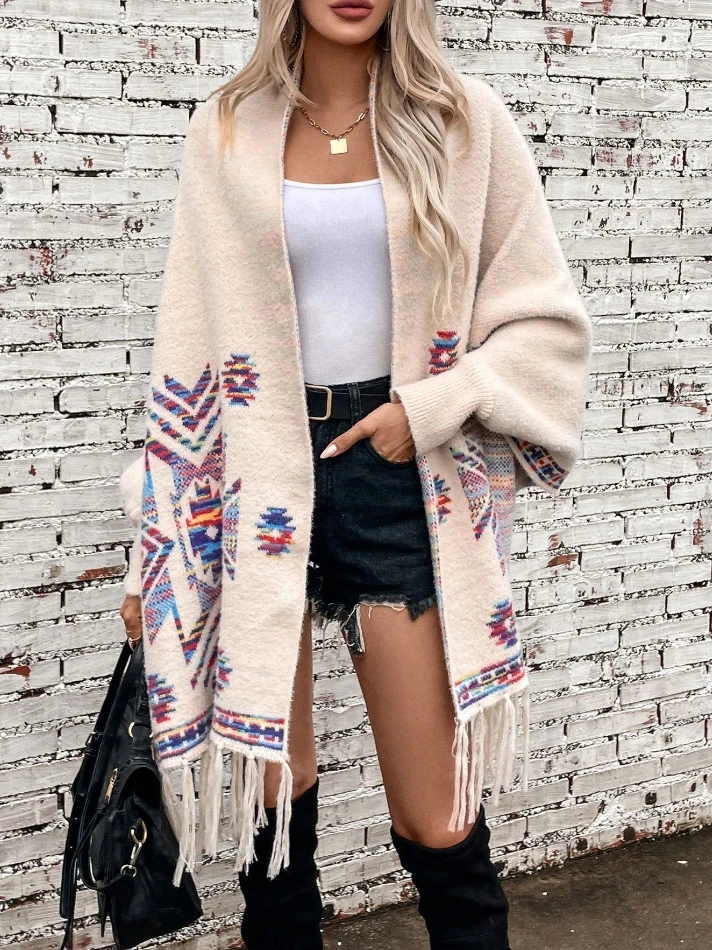 

Women's Elegant Top 2024 Autumn Winter Latest Sweater Cardigan Pop Geometric Jacquard Ethnic Style Su Shawl Loose Fit Cardigan