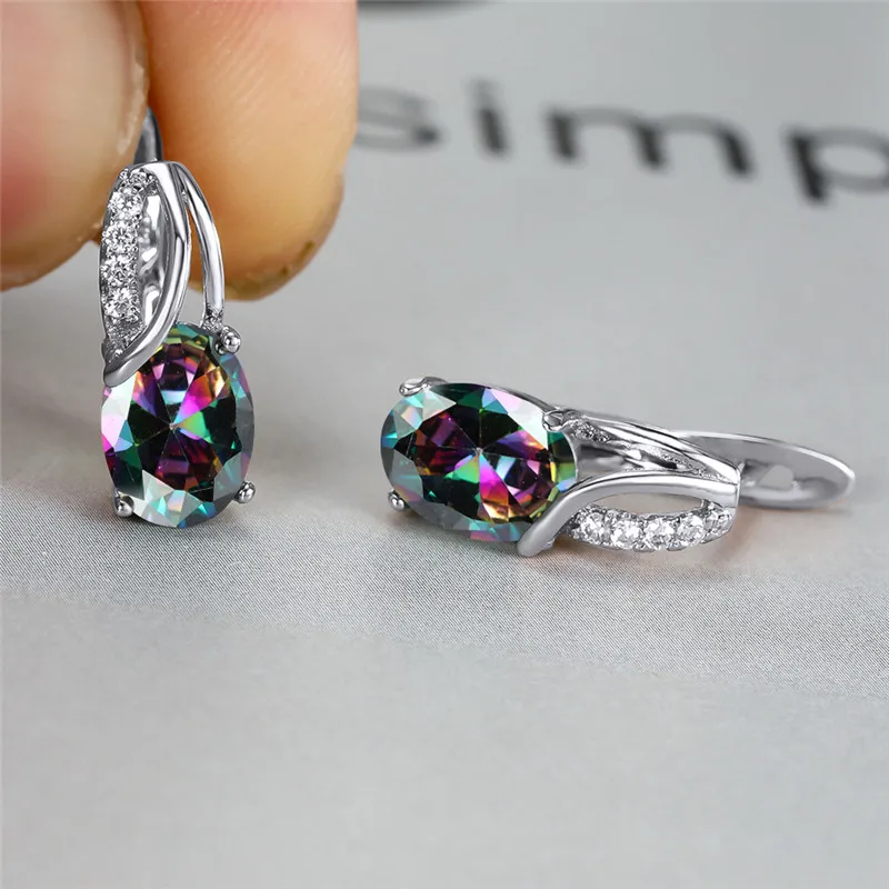 Women's Aqua Blue Zircon Oval Stone Hoop Earrings, Boho Style