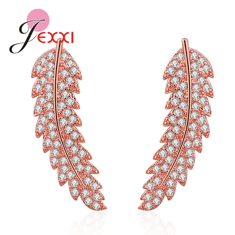 Genuine 925 Sterling Silver Color Tree Leaves Pattern Stud Earrings For Women Girls Fashion Earrings Jewelry Gift 3 Color Option