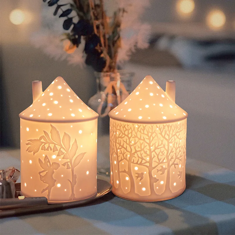 Ins Small House Ceramic Candlestick Creative Candle Cup Jar Light Dinner Decoration Christmas Decorations Retro Wax Melting Lamp