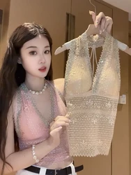 Women's Lace Sling 2024 Spring Summer New Rhinestone Diamond Sexy Short Tube Top Female Croped Tops Versatile Camisole Trendy