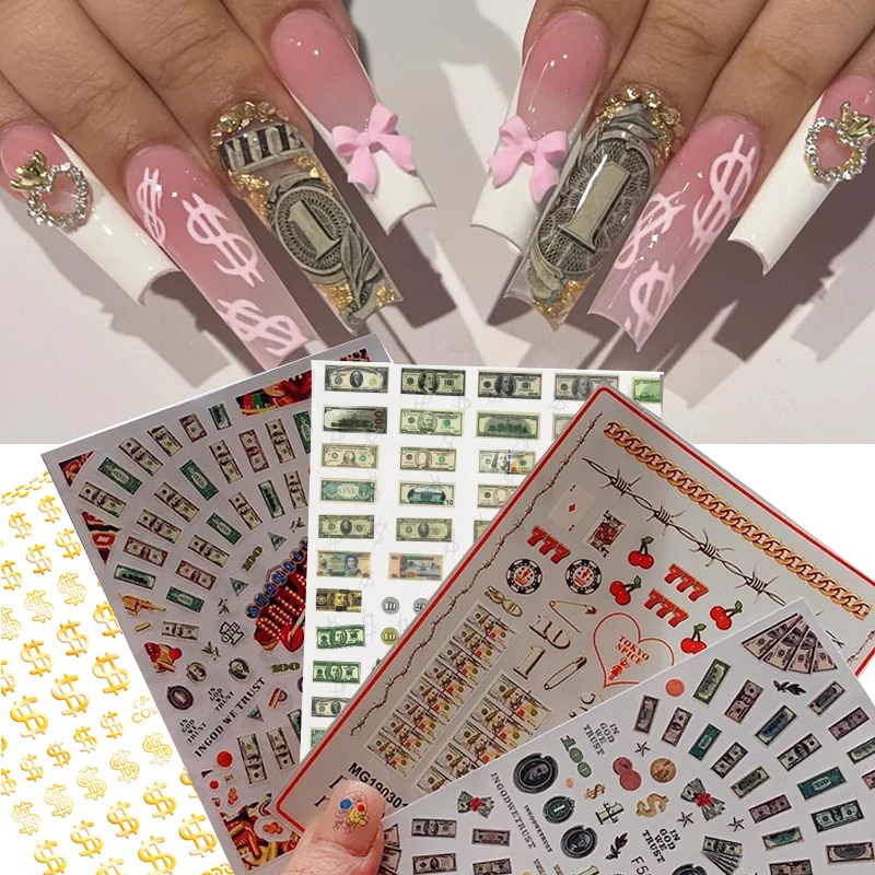 Money Dollar 3D Nail Stickers Press on Nail Art Manicure Art Decoration Nail Accessories Decal Stickers Supplies Nail Parts