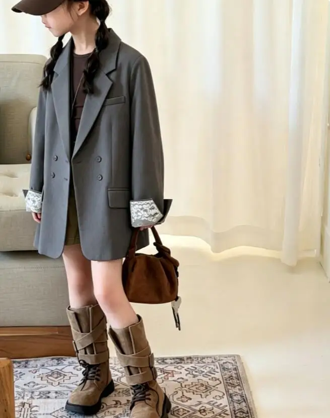 Lace cuff patchwork 2026 kids coat  loose new  casual vintage double-breasted suit jacket