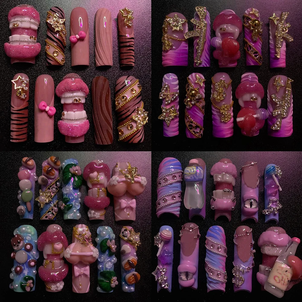 

3D Lip Tooth Chest Design Handmade Nail Art Stickers French Chain Shell Diy Square Customized Shape Personality False Nails