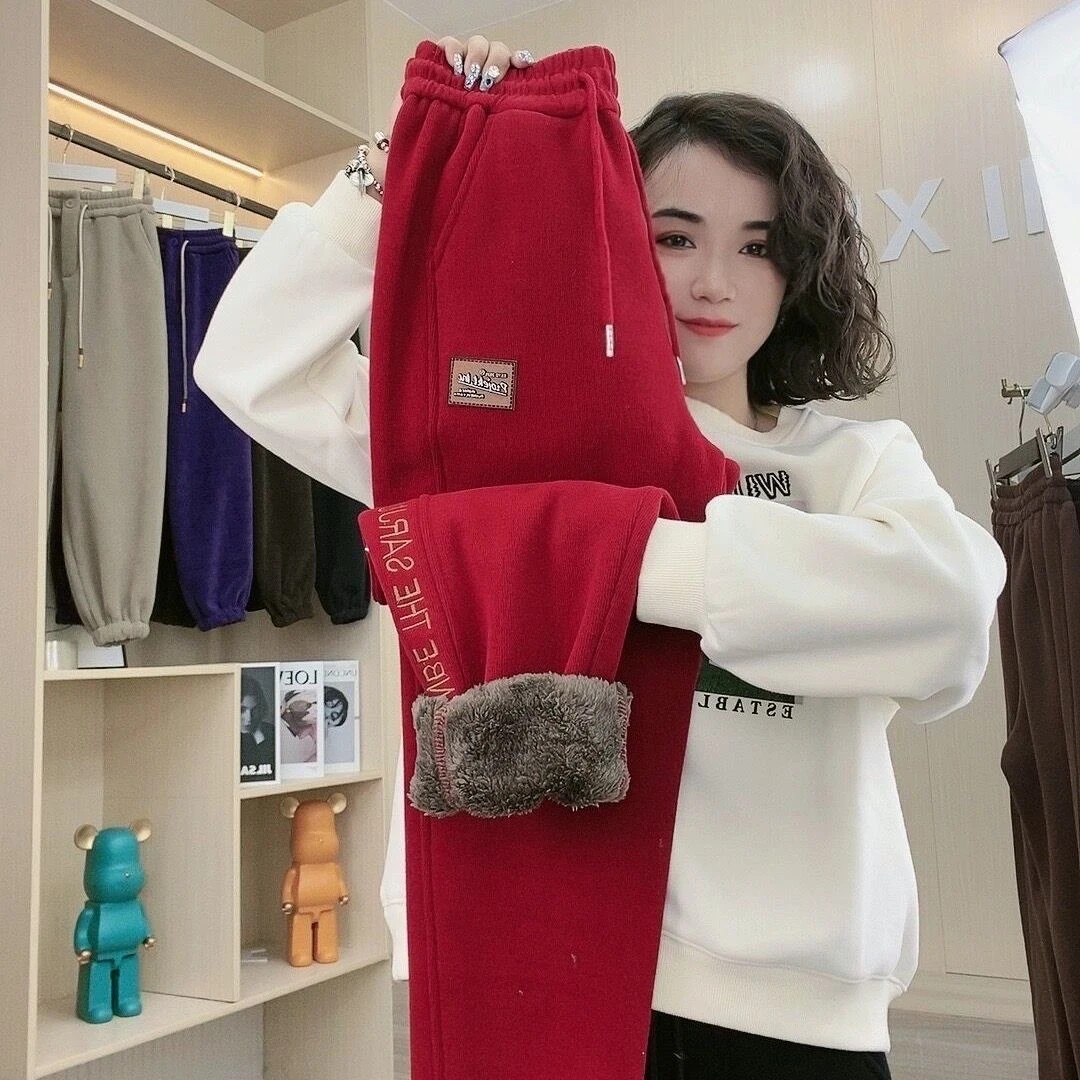 Women's Sporty Casual Pants Fleece Lined Thickened Lamb Fur Sweatpants Winter Cuffed Loose Slimming Small Size Harlan Pants