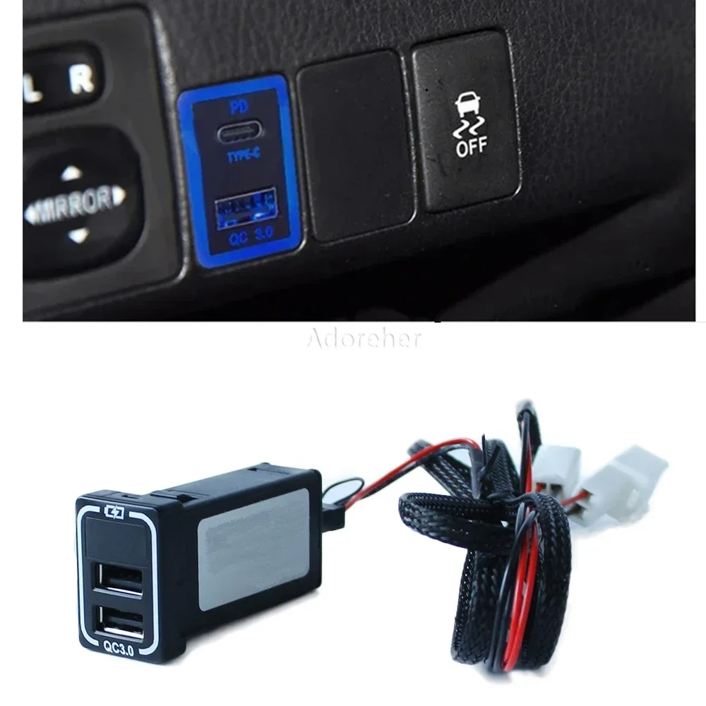 Blue Red Light Car Charger TYPE-C PD QC3.0 USB Interface Dual Socket for Toyota Prado Camry Prius Corolla Reiz Vios Yaris