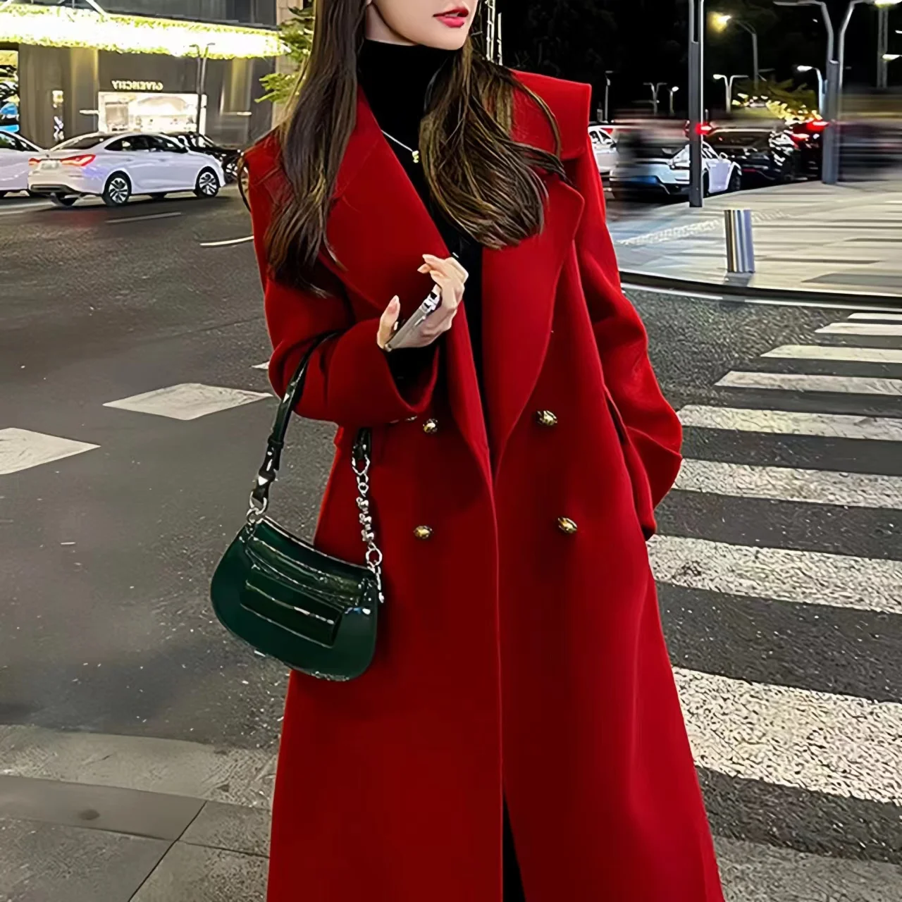 Double breasted woolen coat for women, thick jacket with adjustable waist, English style, autumn and winter, 2024