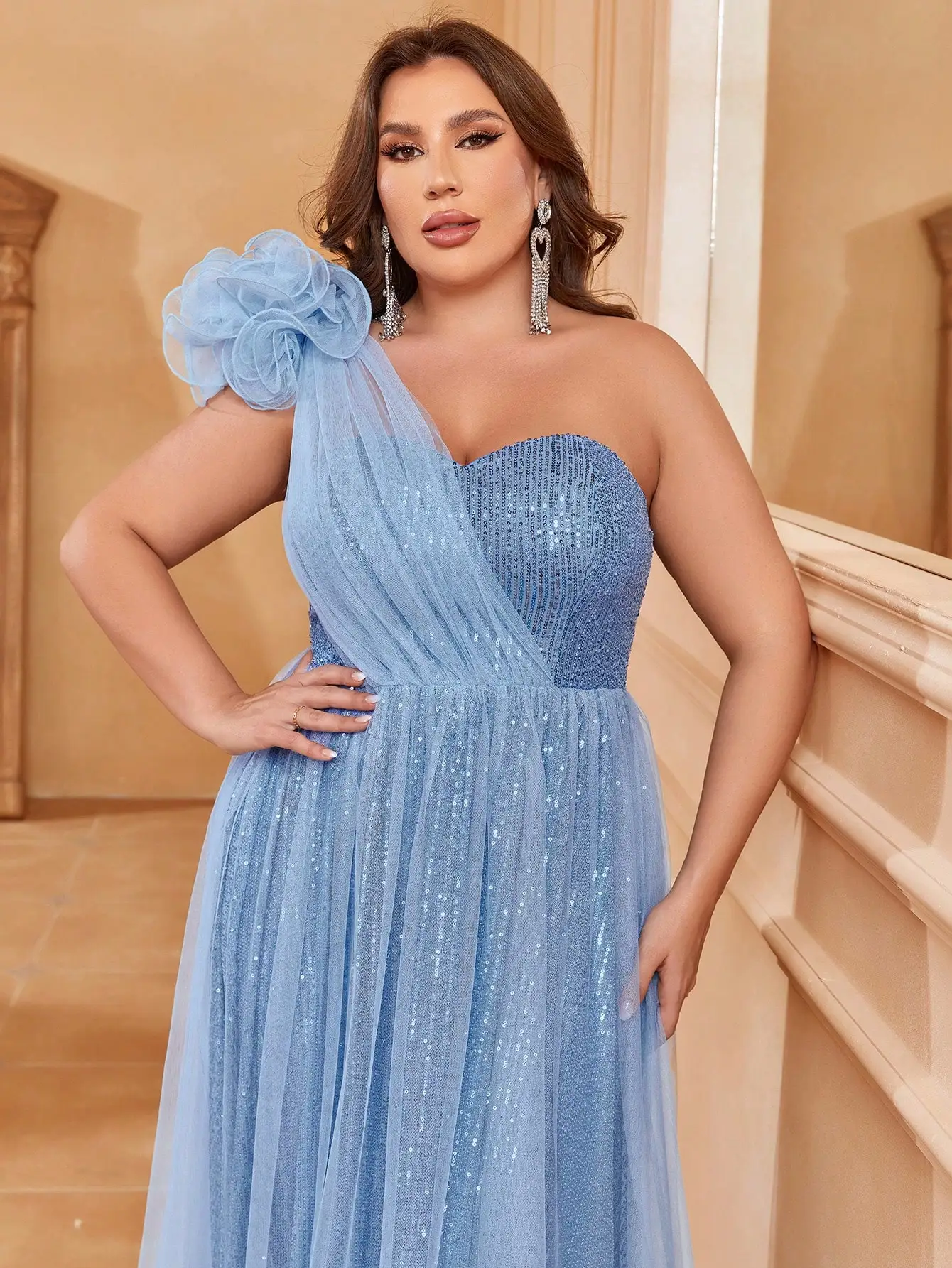 Plus One Shoulder Stereo Flower Mesh Overlay Sequin Formal Dress