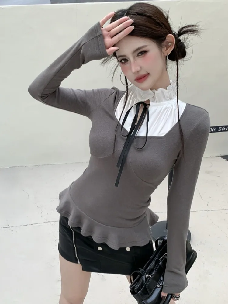 

Sweet Style Pleated Belted Slim Fit Long Sleeve Stand Collar Women's Top Fake Two-Piece Spring New City Walk Breathable Skin-...