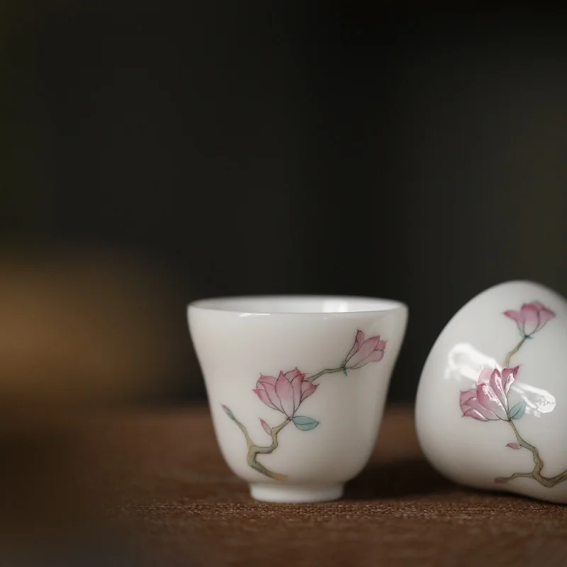 

★Ceramic Kung Fu Tea Cup Hand Painted Pastel Magnolia Peony Master Cup Tea Cup Jade Mud Handmade Jingdezhen Tea Set