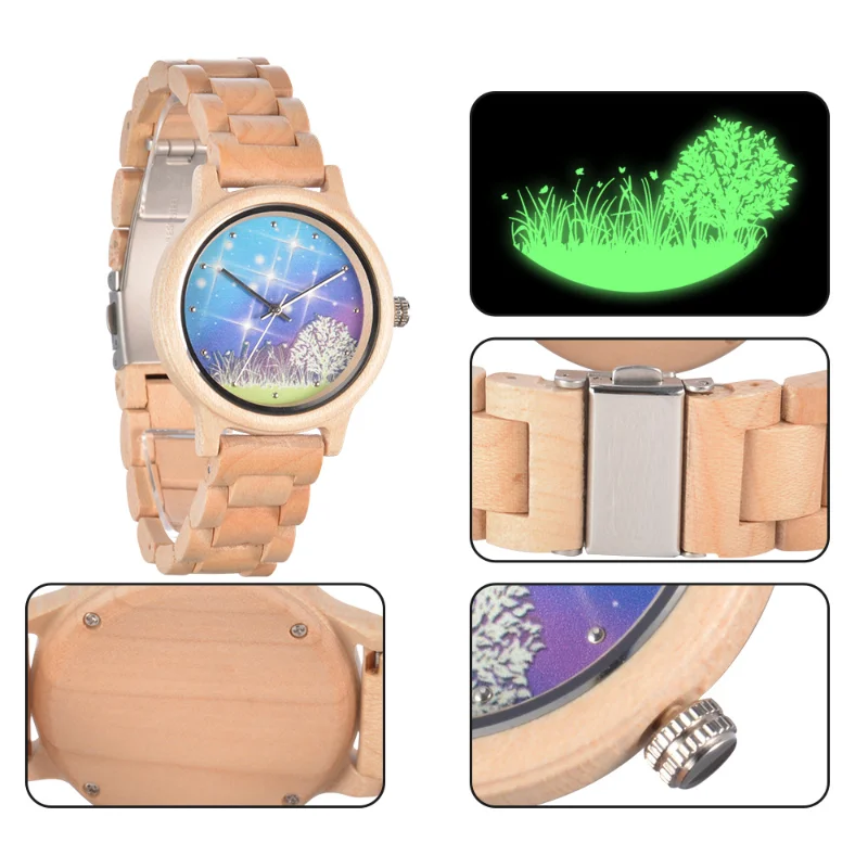 Orologio in legno per donna Design unico orologio da polso leggero a vento orologi Casual e alla moda con cinturino in legno luminoso