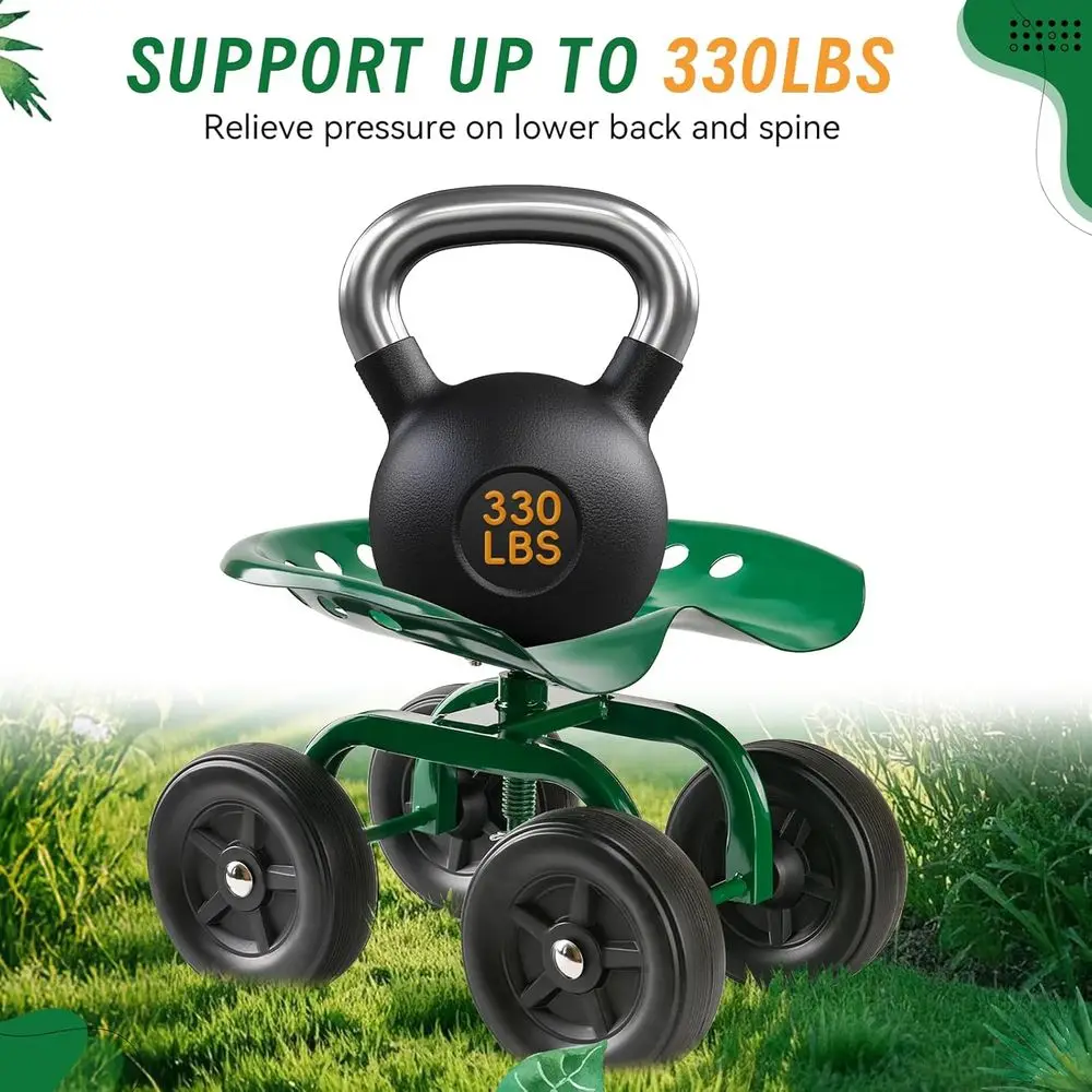 360 °   Carrinho de jardim giratório com assento para homens e mulheres, scooter para idosos para trabalho ao ar livre no quintal (verde)