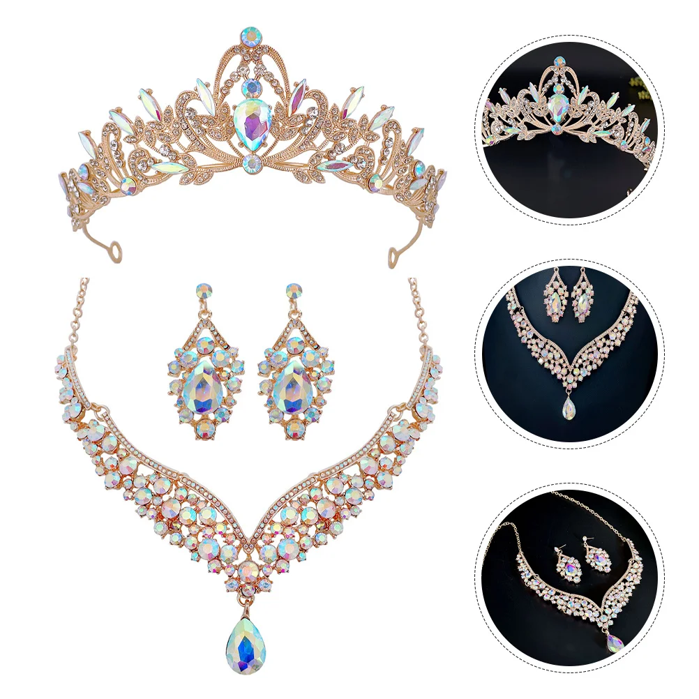 

1Set Bridal Jewelry Sets for Women Wedding Tiara Necklace Earrings Rhinestone Crown Dangle Earrings Elegant Prom Party Costume
