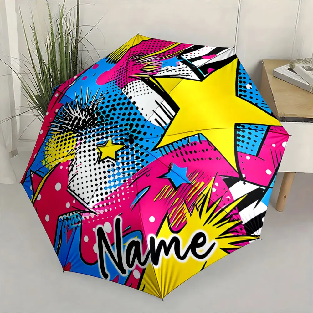Custom Name Colorful Pop Art Style Umbrella Featuring Vibrant Print 8 Iron Ribs Folding Umbrella Auto-Open Fashion Sunshade