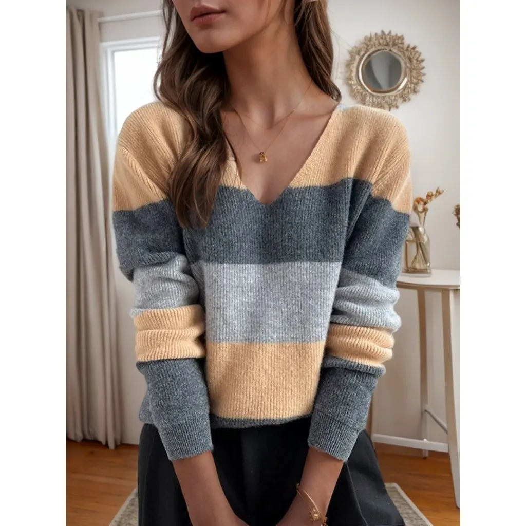 

Women's V-Neck Long Sleeve Sweater Top Color Matched Fashion Pullover for Autumn Winter New Clothing