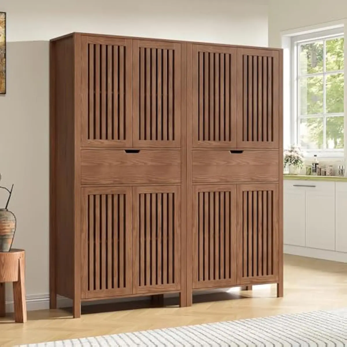 Set of 2 Warm Brown Farmhouse Storage Units – 68.8 Inch Tall with Grille-Front Doors, Adjustable Shelves, Deep Drawer, Elevated