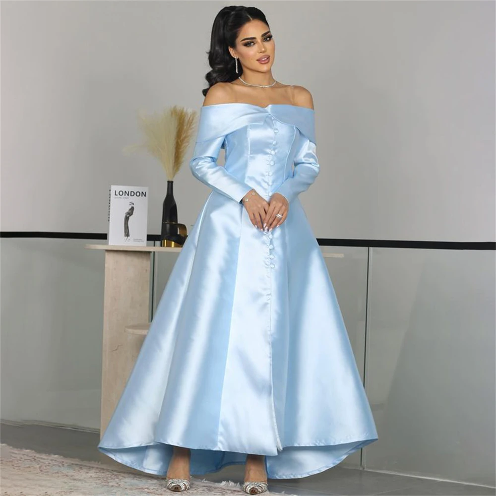 

Tarot Sky Blue Off Shoulder A Line Prom Dresses Boat-Neck Long Sleeves Button Birthday Party Dress Ankle Length robes de soirée