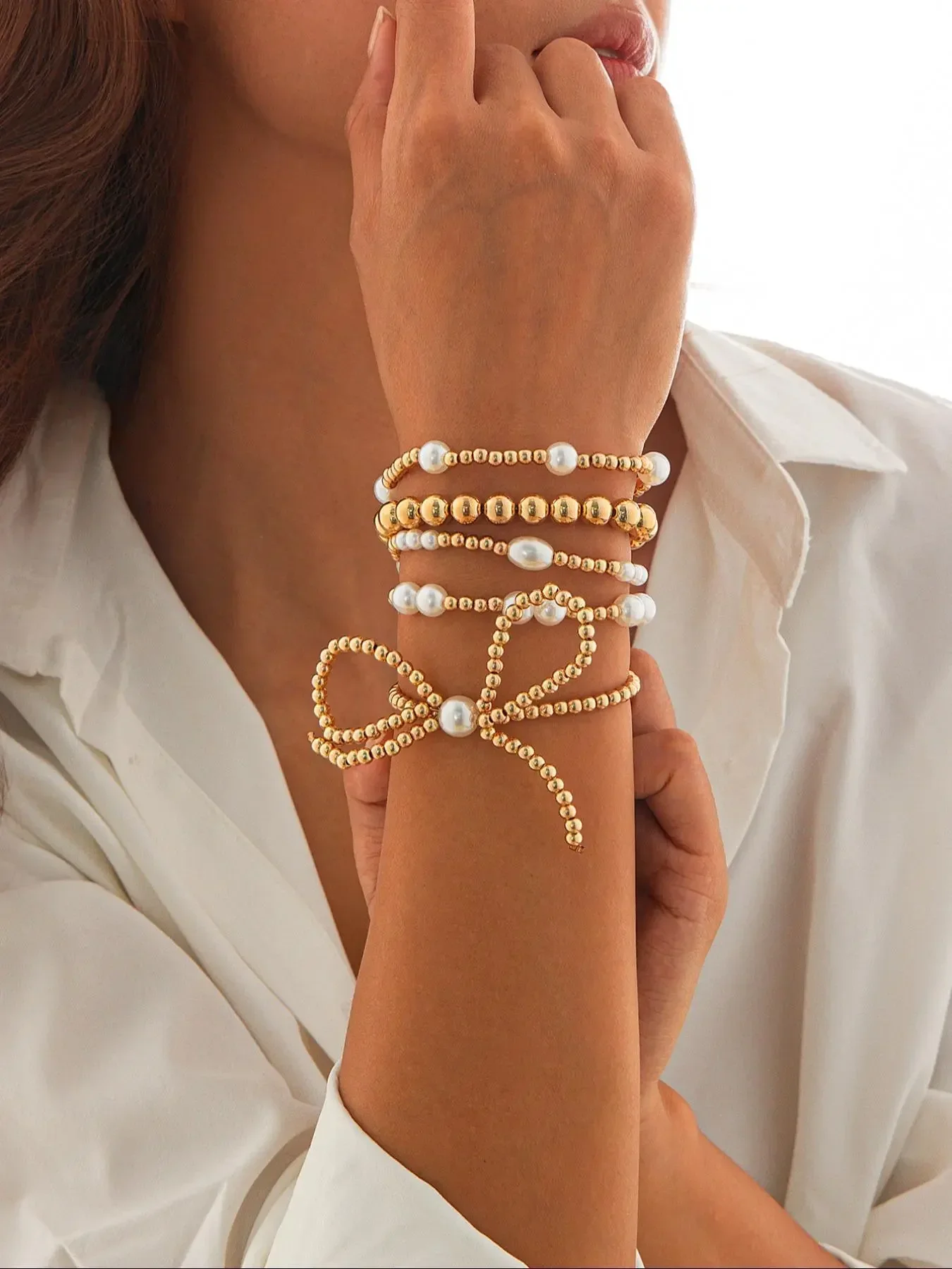 Elegant Faux Pearl Decorated Bowknot Design Bracelet, Pearl Beaded Bracelet, Bow Bracelets, Fashionable Bracelet, Fashion Jewelry for Party, Daily Clothing Decor, Trendy All-match & Exquisite Jewelry for Birthday Gift, Fashionable Bracelet Style