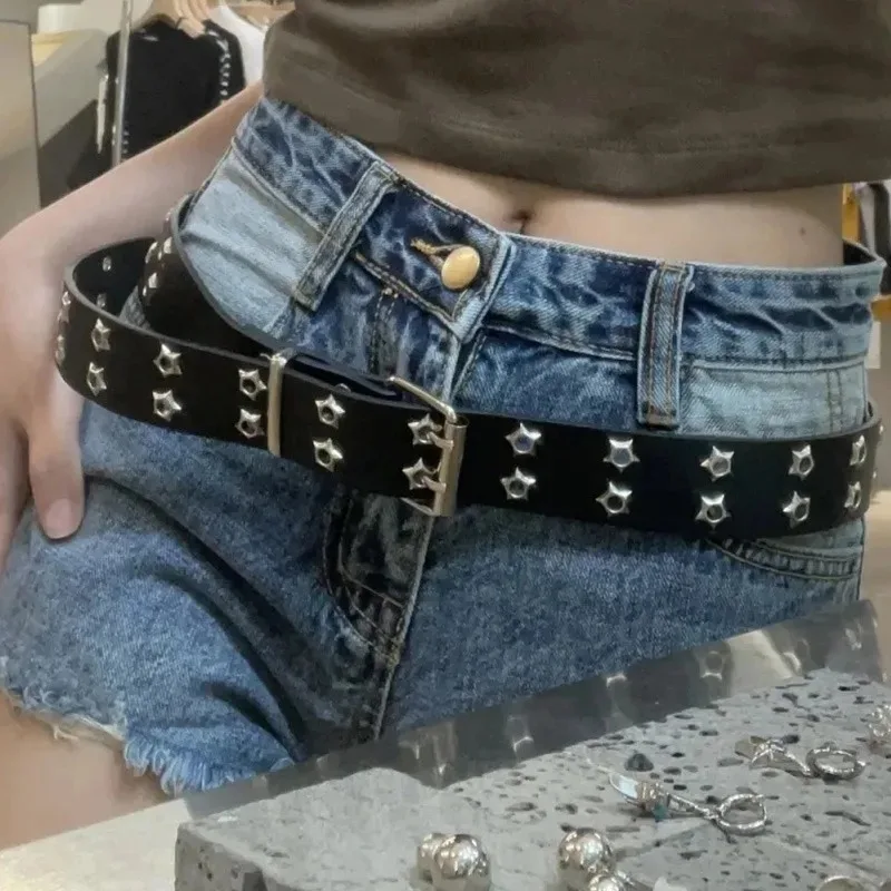 Y2K Star Eye Rivet Cintura Goth Pu Leather Doppio Pin Fibbia Cinture per Donna Uomo Moda Casual Punk Cintura per Jeans Decorazione