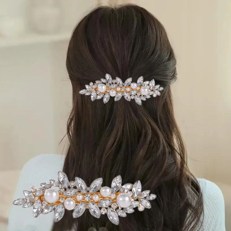 Luxury Rhinestones Faux Pearl Spring Clip Women Elegant Crystal Leaf Flower Hairpins For Bridal Wedding Headdress Accessories