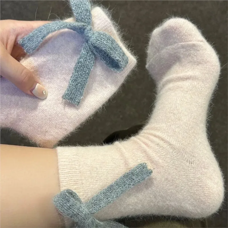 Autumn Winter Rabbit Wool Socks Kawai Bow Women Fleece Thickened Cotton Mid-tube Sock Korean Three-dimensional Jewelry Stockings