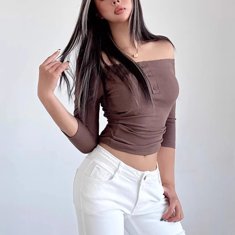 Women's Button Front Slinky Bardot Three Quater Top With Built-in Padded Cups