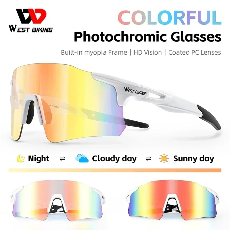 WEST BIKING Colorful Photochromic Cycling Glasses UV400 Polarized Sunglasses Couple Outdoor Sport Bike Goggles With Myopia Frame