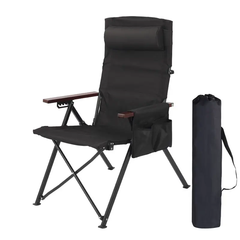 

Outdoor Metal Portable Garden Picnic High Back Adjustable Folding Chaise Camping Chair with Pillows and Side Pockets