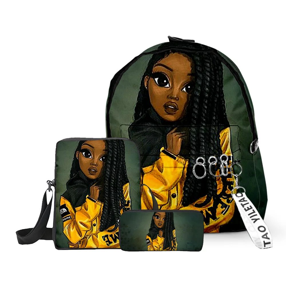 Lusso popolare divertente ragazza africana stampa 3D 3 pezzi / set borse da scuola per alunni zaino per laptop zaino borsa a tracolla inclinata astuccio
