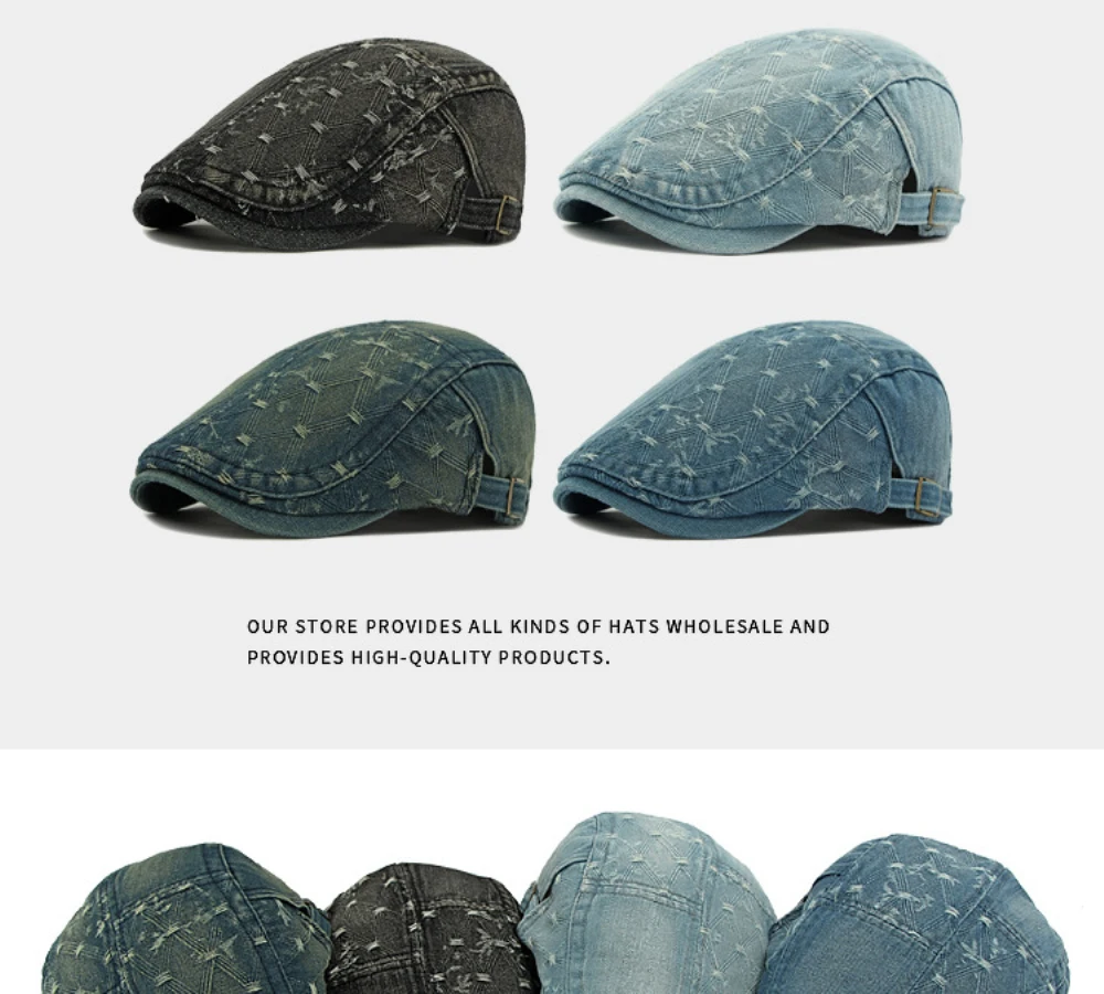 HT4728 Herren- und Damen-Baskenmützen, Verstellbare Ivy-Flatcaps, Künstler- und Malermützen für Frauen, 100% Baumwolle, Hochwertige Denim-Baskenmütze – Detail 2