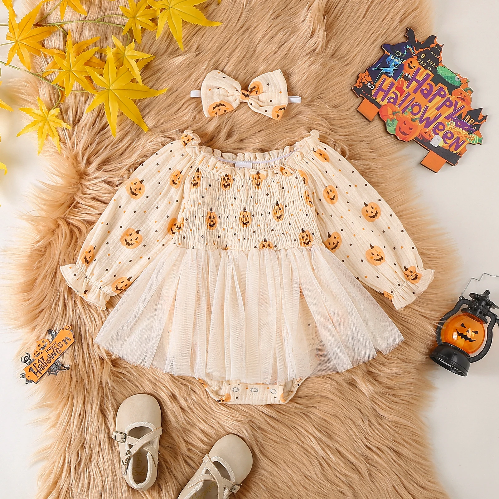 

BeQeuewll Baby Girl Halloween Clothes Princess Newborn Romper Dress Long Sleeves Pumpkin Tulle Skirt Kids Jumpsuit with Headband