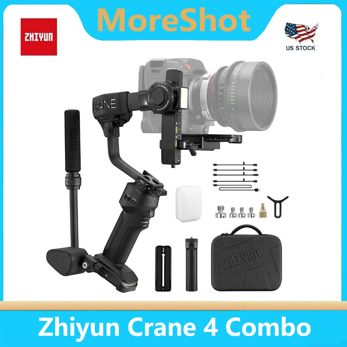 ZHIYUN Crane 4 Combo, 3-Axis Gimbal Stabilizer for DSLR and Mirrorless Camera, Nikon Sony Panasonic Canon Fujifilm, Fast Charge