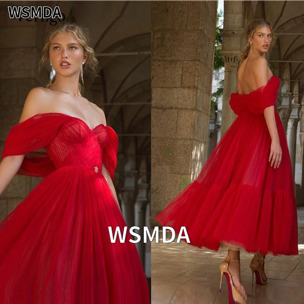 

2025 Sexy Red Off the Shoulder Short Evening Dresses Ankle Length A Line With Sleeves Lady Formal Party Gowns